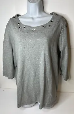 Quacker Factory Women's Size 1X Gray Top Shirt Embellished Rings 3/4 Sleeve • $8.99