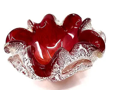 Vintage MURANO Art Glass BOWL Folded Edge SILVER FLECKS Red MCM Dish 60s Ashtray • $38