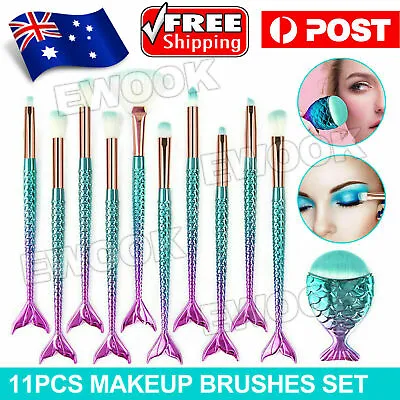 11 X Mermaid Makeup Brushes Set Fish Tail Foundation Eyeshadow Cosmetic Brush • $7.45