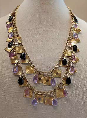 Vintage Signed VENDOME Black & Lavender Glass Drop Gold Tone Dangle Necklace • $55