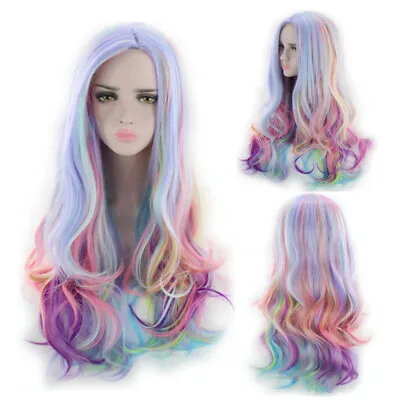 70cm Long Curly Hair Rainbow Unicorn Gothic Lolita Cosplay Drag Race Wig + Cap • £16.79