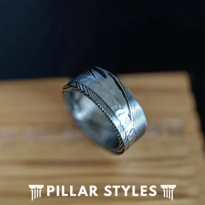 Damascus Steel Ring Mens Wedding Band Hammered Ring Unique Silver Damascus Rings • $199