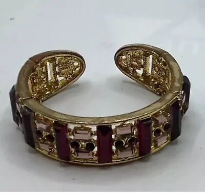 Vintage Lovely Unique Signed Gold Tone Amethyst & Pink Cabochons Cuff Bracelet • $6.99