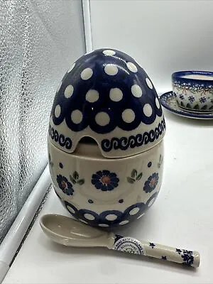 Polish Pottery Honey Pot And Honey Spoon! 3 Piece.  Boleslawiec Hand Made Poland • $70