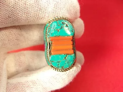 Massive Handmade Silverplated Middle Eastern Tribal Ring - Turquoise-coral-lapis • $49.99