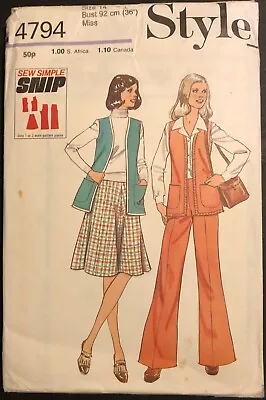 Vintage Sewing Pattern Style 4794 70s Skirt Pants Waistcoat Cut Sz 14 Bust 36  • £3