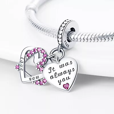 It Was Always You Love Heart Pink Crystal Charm Bead Sterling Silver 925 • £13.99