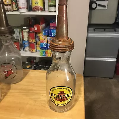 Vintage 1 Quart Glass Oil Bottle With  The Master MFG  Spout & Cap • $50