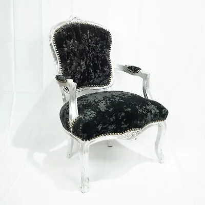 French Louis Style Shabby Chic Chair Black Crushed With Silver Frame • £134.99