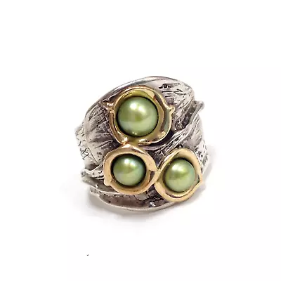 Hagit Gorali HG 925 Sterling Silver & 14k Yellow Gold Green Pearl Ring Size 6 • $89.99