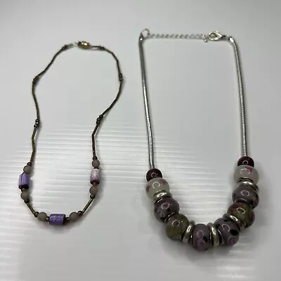 H3 Lot Purple Glass Bubble Beads Abalone Silver Cord Boho Retro Necklaces 18” • $6