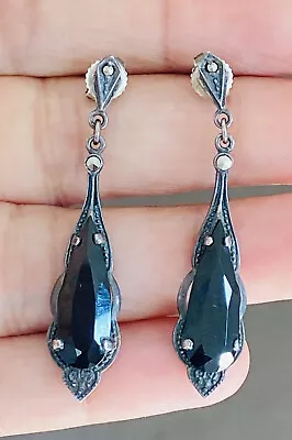 Vintage Art Deco Victorian Signed Sterling Silver Marcasite Onyx Dangle Earrings • $99.99