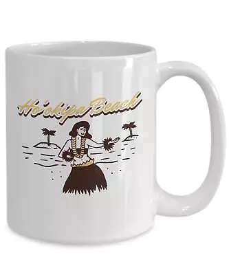 Vintage Ho'okipa Beach Hawaii Surfer Hula Girl Palm Trees White Gift Mug • $26.99