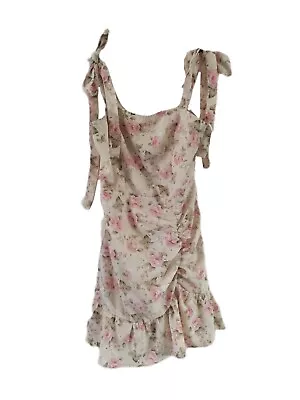 Shein Dress Beige Pink Short Ruffle Bow Floral Rose Gyaru Kawaii Cute Size XS • £10