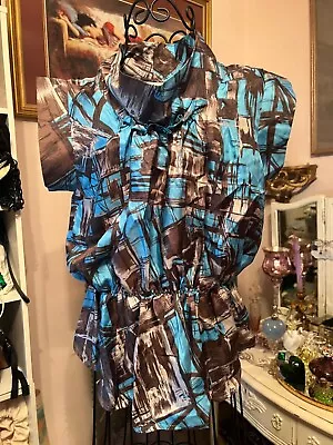 NWT Madison Marcus Blue Abstract Print Silk Cowl Neck Short Sleeve Blouse Size M • $49