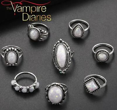The Vampire Diaries Elena Gilbert Fire Opal Silver Plated 8 Piece Ring Set • £8.75