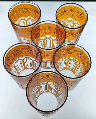 VTG Moroccan Tea Juice Glasses Orange With Gold Floral Design 8 Oz -- Set Of 7 • $25