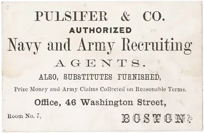 Civil War Boston Army Navy Recruiting Agents Trade Card ~ Substitutes Furnished • $100