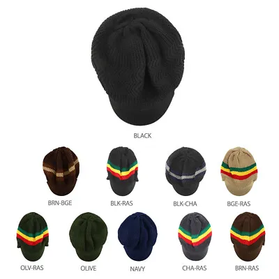 RGY Striped Jamaica Rasta Knit Deep Crown 100% Cotton Visored Beanie - FREESHIP • $24.99