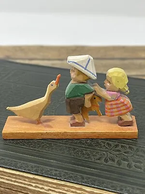 Vintage ERZGEBIRGE GDR Dala Horse CHILD & GOOSE Miniature Wood Figurine Germany • $24.99