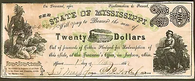 1862 Mississippi Civil War $20 Currency ~ Green Overprint   Cotton Pledged   Xf • $129.99