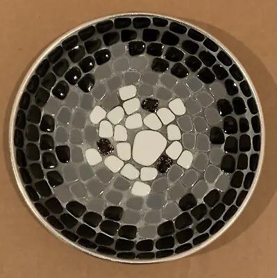 Vintage MCM Mosaic Tiled Trivet Round Dish Black/White/Grey • $30
