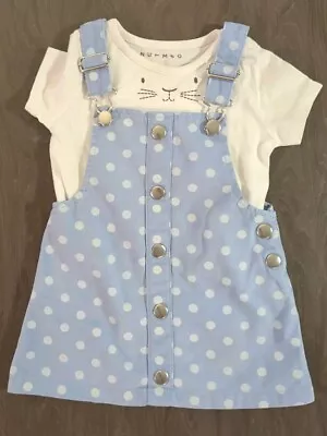 Baby Girls 12-18 Months Blue Pinafore Dress And Short Sleeved Top (A95) • £1.70