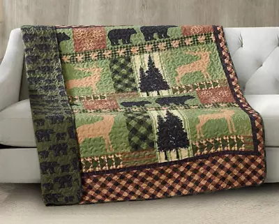 Autumn Green Wildlife Bear Plaid Elk Lightweight Quilted Throw Blanket 50 X60  • $35