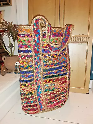 £39.99 • Buy Handmade Indian Multi Coloured Cotton & Jute Chindi Bag / Basket / Storage