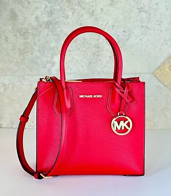 Michael Kors Mercer Medium Satchel Messenger Leather Bag Bright Red • $86.80