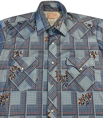 H Bar C Ranchwear Men's Short Sleeve Pearlsnap Shirt 15.5 Blue Plaid Vintage VTG • $29.95