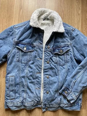 TopShop UK Size 6 Classic Indigo Blue Denim Sherpa Jacket Fleece Lined • £8.99