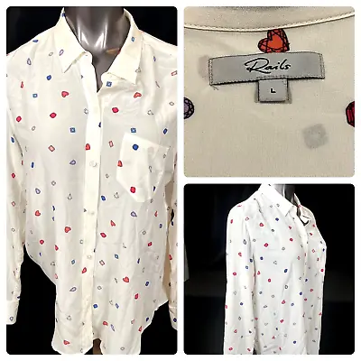 Rails Women's Size Large White Diamonds Button-Front Long Sleeve Shirt Silk • $39.95