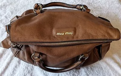 $231.74 • Buy MIU MIU Vitello Lux Bow 2Way Camel Brown Leather Large Satchel Crossbody Purse