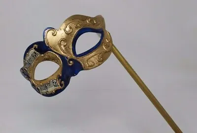 Mens Ladies Blue & Gold Musical Notes Venetian Masquerade Party Mask On A Stick • £16.99