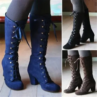 Womens Gothic Lace Up Mid Calf Riding Boots Victorian Party Med Block Heel Shoes • $43.99