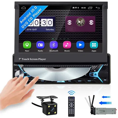 £189.99 • Buy Flip-Out Android 10.0 Single 1 Din Radio Car CD DVD Stereo GPS Sat Nav SWC + Cam