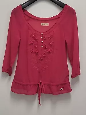 Hollister Floral Embroidered Top Womens Medium Sheer Lace Accent Henley Red • £11.58