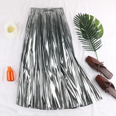 Metal Reflective A-Line Pleated Skirt Elegant High Waist Midi Skirt Women • £17.02