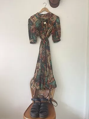 Vintage Earthy Toned Batik Pattern Midi Dress 12-14 • $45