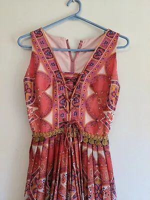 $60 • Buy Vintage 70s Pink Patterned Jumpsuit With Coins, Wide Leg - XS