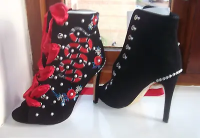 Customized Black Red Heel W Ribbion Laces Boots Sz UK 5 EUR 38 Party Peep Toe • £27.99