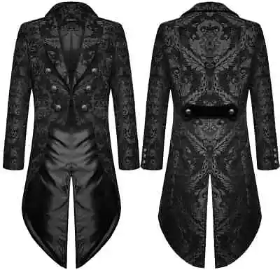 Fashion Mens Gothic Steampunk Tailcoat Jacket Black Brocade Damask Wedding Coat • £34.43