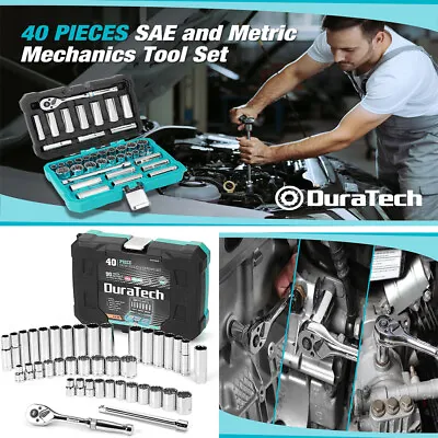 DURATECH 3/8  Drive Socket Set 40 PCS Tool Set Standard (SAE)&Metric Sockets • $39.99