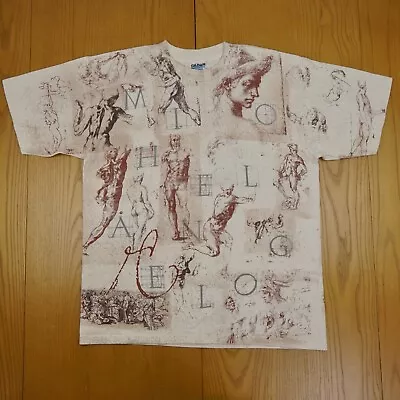 Vintage MICHELANGELO SHIRT Mens Large All Over Print Art Drawing Italy AOP 90s • $80