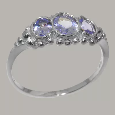 Solid 9ct White Gold Natural Tanzanite Womens Trilogy Ring - Sizes J To Z • £369