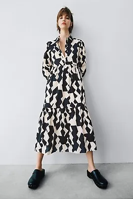 $29.95 • Buy ZARA Black And Tan Midi Dress Abstract Print Ruffled Hem Size M