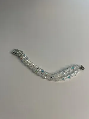 Vintage Clear Aurora Borealis Plastic Faceted Bead Bracelet Dual Strand 7  • $14.40