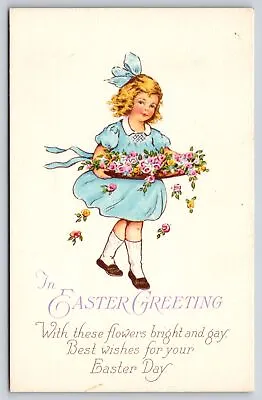 Easter~Lil Blond Girl In Blue Dress Carries Pink Roses~Stecher 1589B~Vintage PC • $4.20