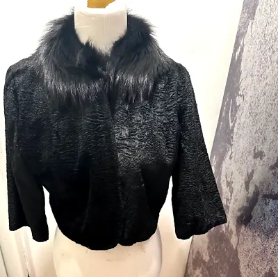 Glentex Lambswool Cropped Evening Jacket Bolero Black Mink Fur Collar Large • $80